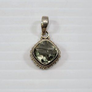 *B) Sterling Silver Green Faceted Chipped Stone Pendant